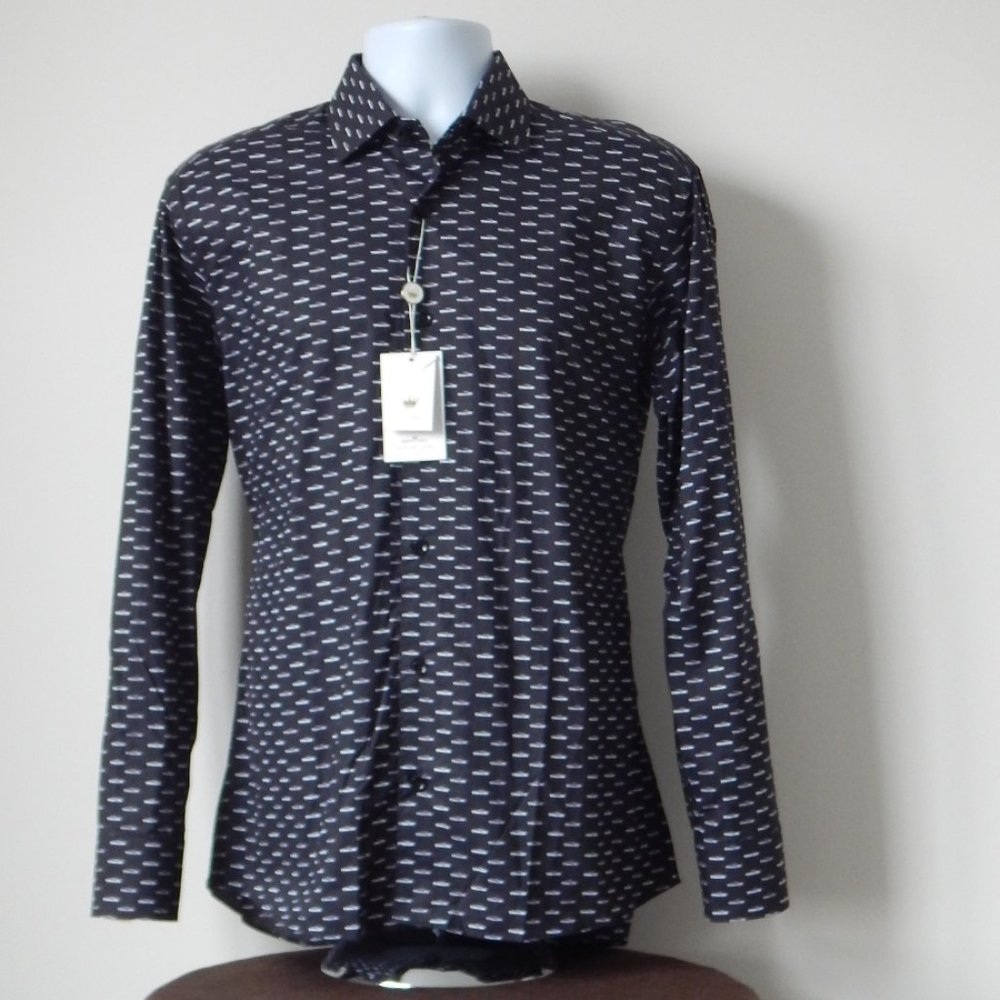 NWT BERTIGO CROWN KAPPO Semi Fitted Button Up Print Graphic SHIRT Black